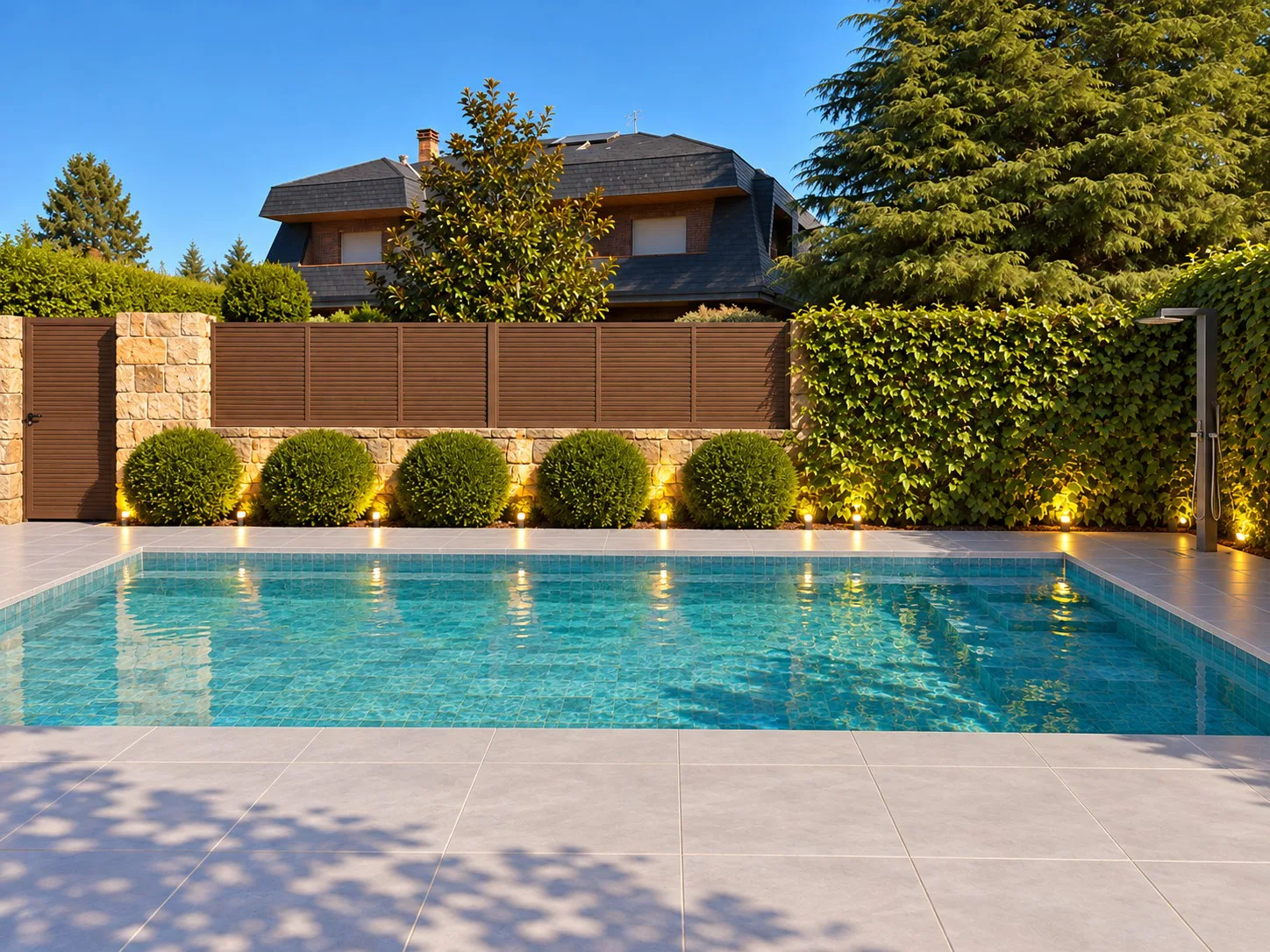 Visualización de piscina con pantalla vegetal de boj e iluminación