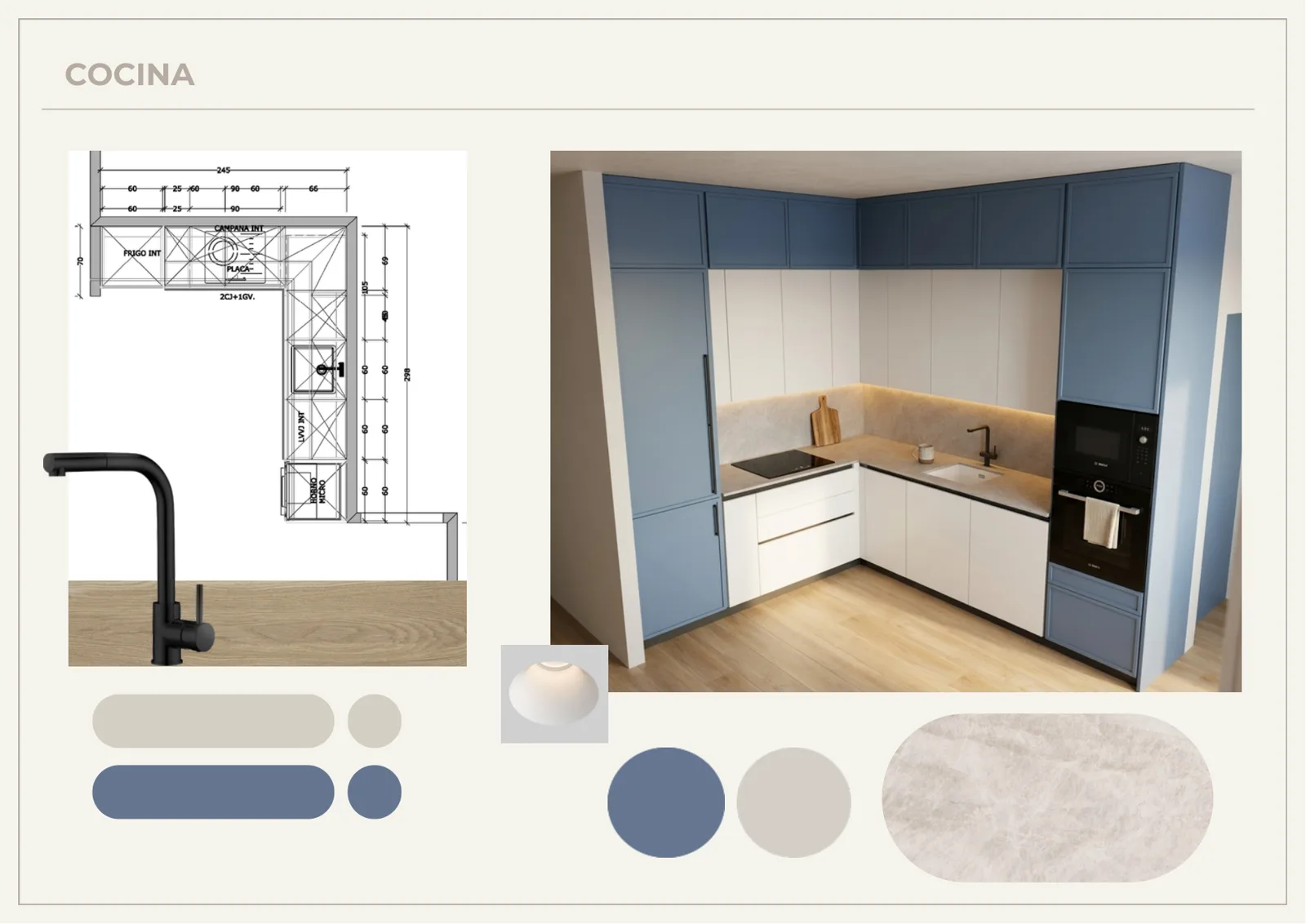 Lámina de proyecto: cocina con alzado, render 3D y acabados
