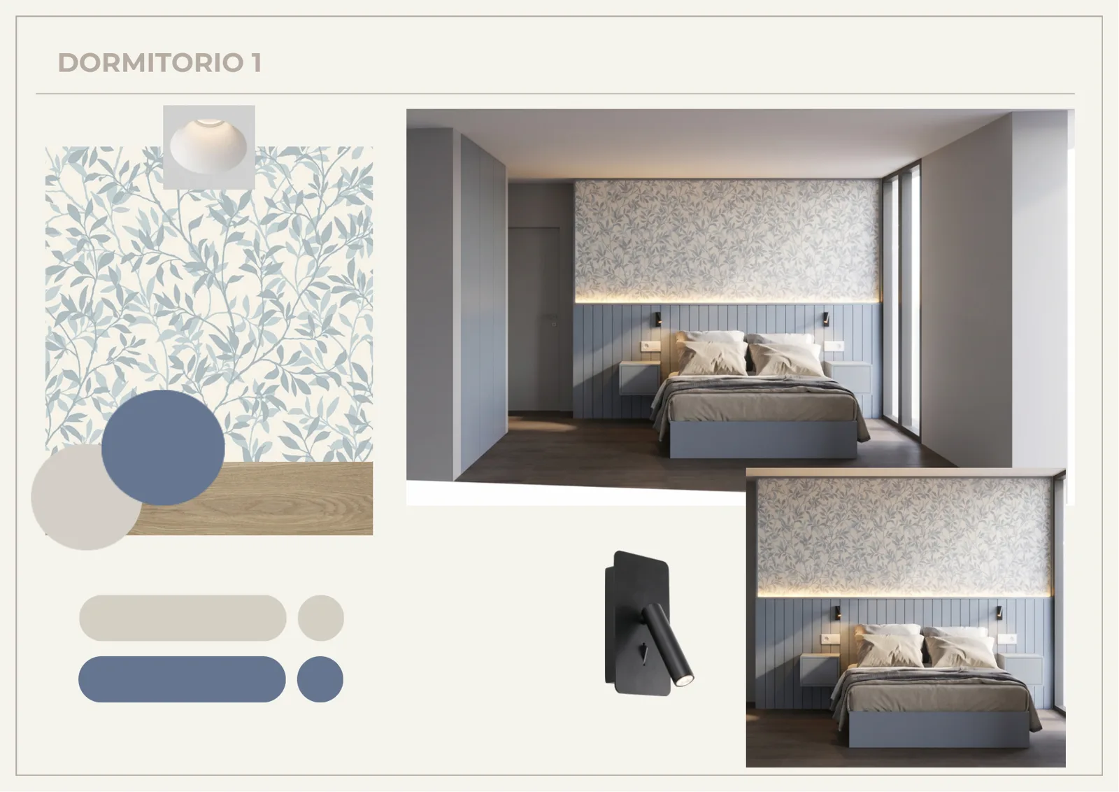 Lámina de proyecto: dormitorio con render 3D y papel pintado