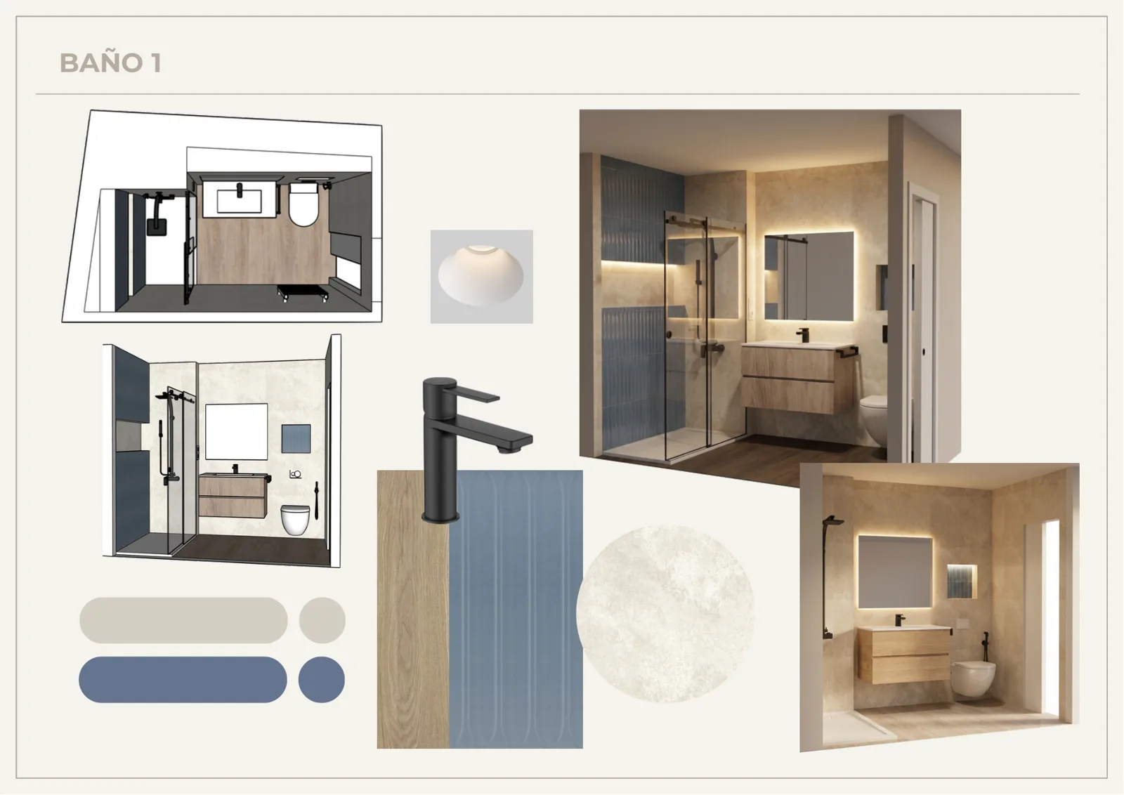 Lámina de proyecto: baño con vistas 3D, grifería y revestimientos