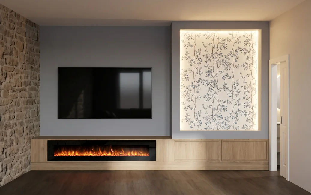 Render de mueble de TV con chimenea y panel retroiluminado