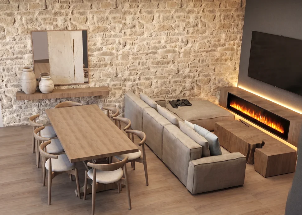 Render de salón comedor con muro de piedra y chimenea integrada