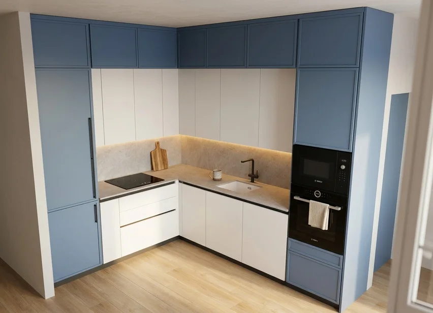 Render de cocina en azul y blanco con columnas integradas