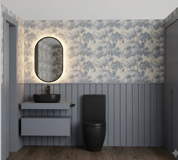 Render de aseo con papel pintado botánico y friso