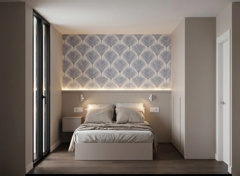 Render de dormitorio con papel pintado y cabecero retroiluminado
