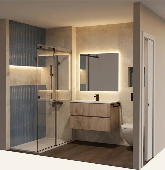 Render de baño con mampara negra, mueble de madera y espejo retroiluminado