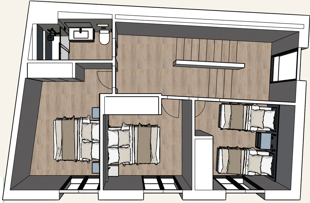 Planta primera en vista 3D con dormitorios y baño